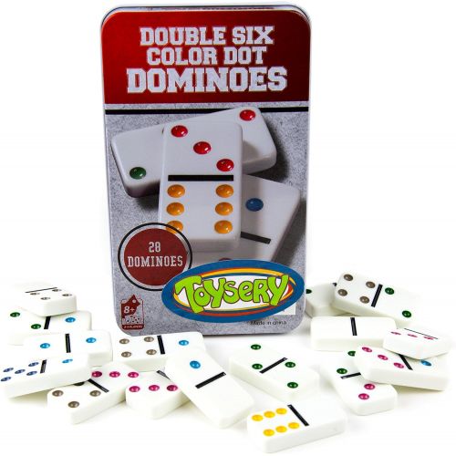  [아마존베스트]Toysery Double 6 Color Dot Dominoes Game Set - White Domino Sequence Match Board Game  Large Sized 28 Pieces Set Toy in Tin Case  Professional Six Colored Dominoes Educational Ga