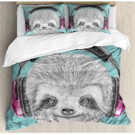 Ambesonne Sloth Duvet Cover Set, DJ Sloth Portrait with Headphones Funny Modern Character Cool Smiling, Decorative 3 Piece Bedding Set with 2 Pillow Shams, Queen Size, Teal Grey