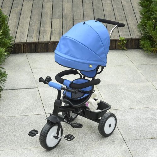  [아마존베스트]Qaba Baby Tricycle 2 in 1 Stroller with Adjustable Canopy Detachable Guardrail Safety Belt for Age 6-60 Months, Blue