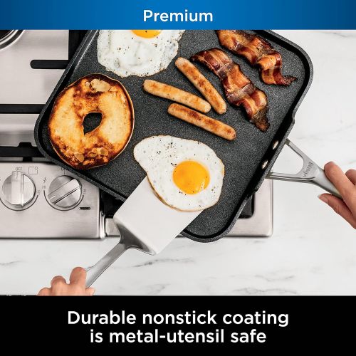 닌자 Ninja C39900 Foodi NeverStick Premium 16-Piece Cookware Set & C30628 Foodi NeverStick Premium 11-Inch Square Griddle Pan, Hard-Anodized, Nonstick, Durable & Oven Safe to 500°F, Sla