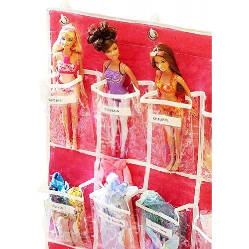  [아마존베스트]ASH BRAND Hanging Over Door Toy Storage Organizer (24 Pockets), Compatible with Dolls (Toys Not Included), Pink (57.5x22)