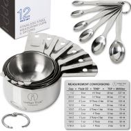 Indigo True Stainless Steel Measuring Cups and Spoons - Stackable 12 pcs Set with ORIGINAL Magnetic Measurement Conversion Chart