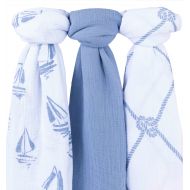 Ely Cotton Muslin Swaddle Blanket 3 Pack 47 x 47 - Dusty Blue Nautical Print