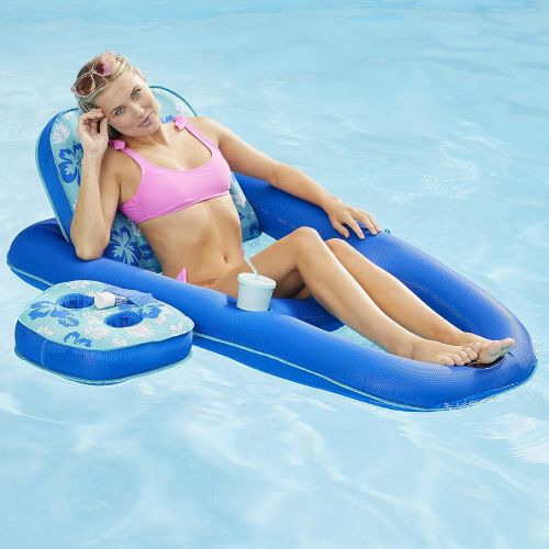 AQUA Campania Ultimate 2 in 1 Recliner & Tanner Pool Lounger with Adjustable Backrest and Caddy, Inflatable Pool Float, Teal Hibiscus