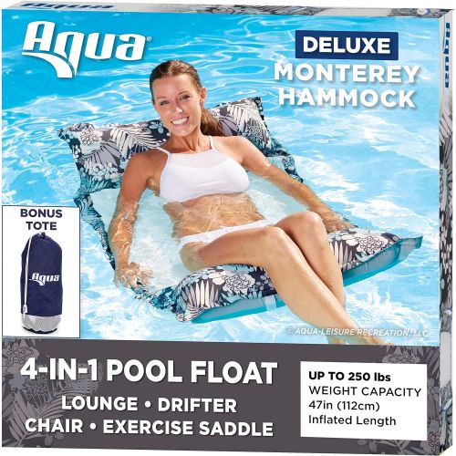  Aqua Deluxe Resort Quality Monterey Hammock, 4-in-1 Multi-Purpose Inflatable Pool Float (Saddle, Lounge Chair, Hammock, Drifter), Washable Premium Fabric, Stow-n-Go Tote Bag, Antig