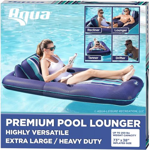  Aqua Premium Convertible Pool Lounger, Inflatable Pool Float, Heavy Duty, X-Large, 74”  90”, Navy/Green/White Stripe