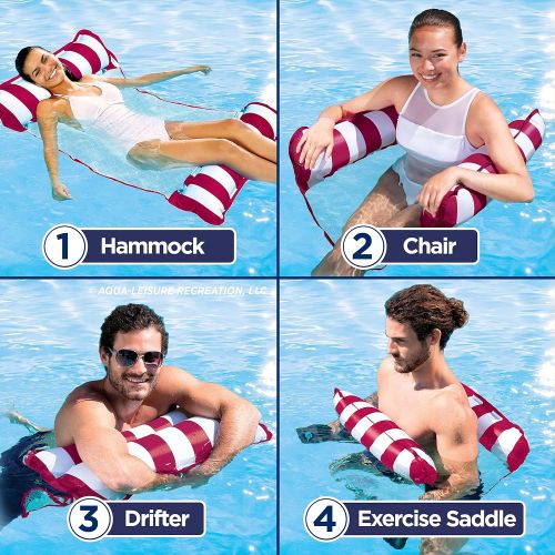  AQUA 4-in-1 Monterey Hammock Inflatable Pool Float, Multi-Purpose Pool Hammock (Saddle, Lounge Chair, Hammock, Drifter) Pool Chair, Portable Water Hammock, Burgundy/White Stripe