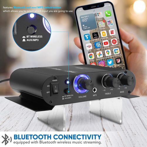  Pyle Wireless Bluetooth Home Audio Amplifier - 90W Dual Channel Mini Portable Power Stereo Sound Receiver w/ Speaker Selector, RCA, AUX, LED, 12V Adapter - For iPad, iPhone, PA, Studio