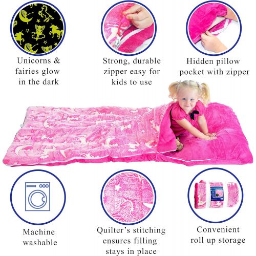  [아마존베스트]DreamsBe Unicorn Sleeping Bag Glow in The Dark Fairy Slumber Bag for Girls - Plush Glowing Girly Nap Mat for Kids- Luminescent Pink Large 66in x 30in Warm Durable Sleeping Blanket Pad for G