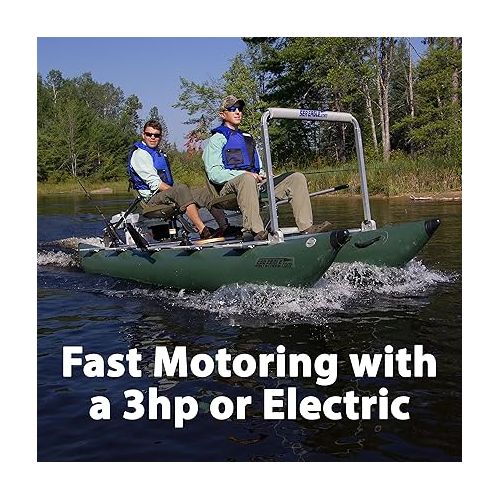 씨이글 Sea Eagle 375fc FoldCat 1-2-Persons Inflatable Fishing Pontoon Boat, Lightweight & Portable, w/2 Green Swivel Seats, Pedestal, Oar Set, Scotty Rod Holders, Boat Bag, & Pump
