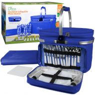 Deco Foldable Insulated Picnic Basket, w Plates, Glasses & Flatware - Keeps Food Cold or Warm for Hours - Full Sized Set Folds Down to 5 Inches