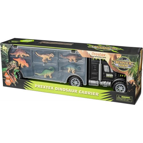  Prextex 16” Tractor Trailer Dinosaur Carrier STEM Dinosaur Toys with 6 Mini Plastic Dinosaurs