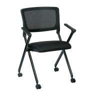 Office Star Breathable Flexible Mesh Back Folding Nesting Chair with Padded Fabric Seat and Casters, 2-Pack, Black with Black Frame