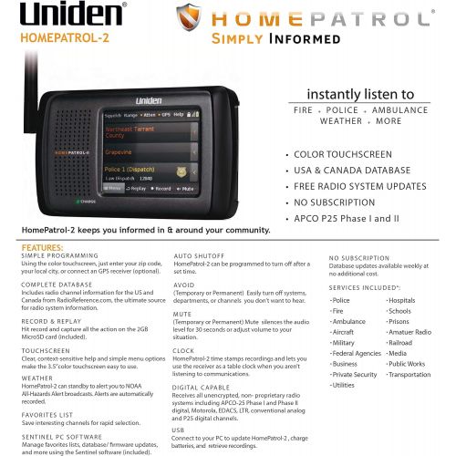  Uniden HomePatrol-2 Color Touchscreen Simple Program Digital Scanner, TrunkTracker V and S,A,M,E, Emergency/Weather Alert, APCO P25 Phase 1 and 2! Covers USA and Canada, Quick Reco