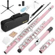 Vangoa Closed Hole C Flute for Beginners Kids Student 16 Keys Flute Instrument Nickel Plated Flute with Case, Stand and Cleaning Kit, Pink