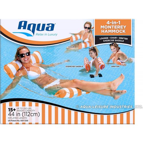  AQUA 4-in-1 Monterey Hammock Inflatable Pool Float, Multi-Purpose Pool Hammock (Saddle, Lounge Chair, Hammock, Drifter) Pool Chair, Portable Water Hammock, Orange/White Stripe