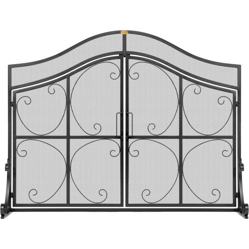 비보 VIVOHOME 43.3 x 34 Inch Wrought Iron Fireplace Screen with Doors Metal Decorative Mesh Fire Spark Large Flat Guard Gate Cover Fireplace Barrier Panels Black
