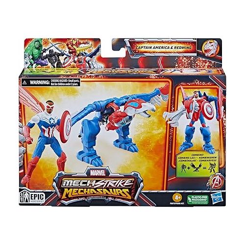마블시리즈 Marvel Mech Strike Mechasaurs, 4-Inch Captain America with Redwing Mechasaur Action Figures, Super Hero Toys for Kids Ages 4 and Up