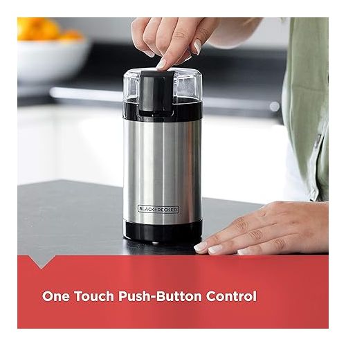 BLACK+DECKER One Touch Coffee Grinder, CBG110S,2/3 Cup Coffee Bean Capacity, Push-Button Control, Stainless Steel Blades