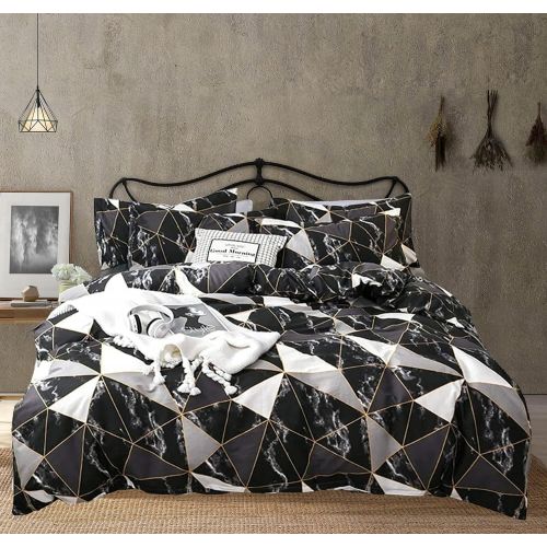  [아마존베스트]karever Black Marble Bedding Duvet Cover Set Twin Kids Gold Triangle Geometric Duvet Covers Cotton Comforter Cover Sets for Children Boys Girls Teens