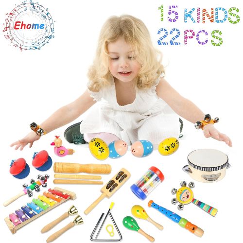  [아마존베스트]Toddler Musical Instruments Ehome 15 Types 22pcs Wooden Percussion Instruments Toy for Kids Preschool Educational, Musical Toys Set for Boys and Girls with Storage Bag