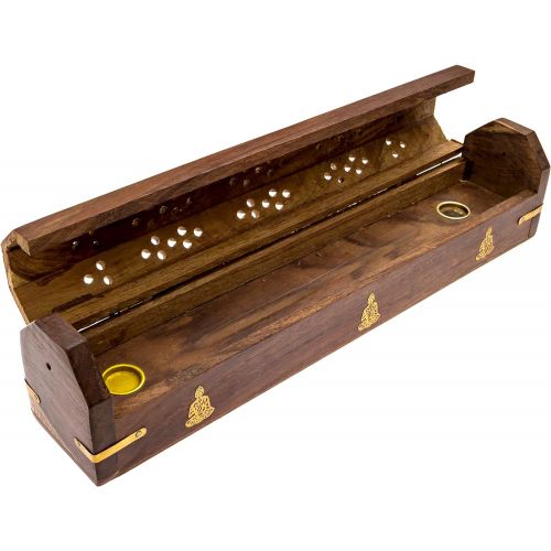  인센스스틱 Alternative Imagination Buddha Brass Inlay Design - Wooden Coffin Incense Burner for Incense Sticks and Cones, with Storage Compartment