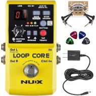 NUX Loop Core Looper Effects Pedal with Tap Tempo Bundle with Blucoil Slim 9V 670ma Power Supply AC Adapter, 2-Pack of Pedal Patch Cables, and 4-Pack of Celluloid Guitar Picks