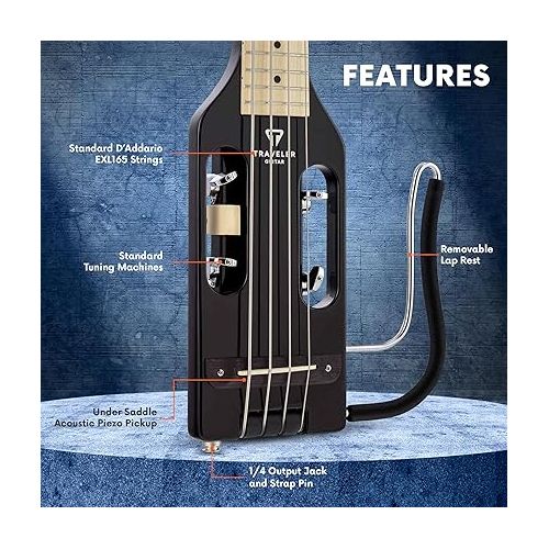  Traveler Guitar Ultra-Light Gloss Black Bass Guitar | Small Bass Travel Guitar with Removable Lap Rest | 30