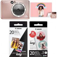 Canon Ivy CLIQ+2 Instant Camera Printer, Smartphone Printer, Rose Gold (4519C001) with Canon Zink Photo Paper Pack, 20 Sheets, White, 2 X 3 and Pre-Cut Circle Sticker Paper, 20 She