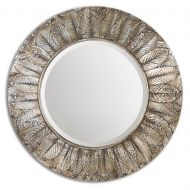 Zinc Decor Round Antiqued Silver Leaf Wall Mirror Large 36” Rustic Leaves Frame