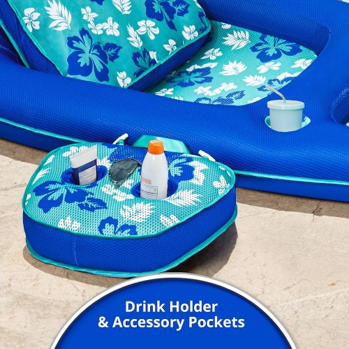  AQUA Campania Ultimate 2 in 1 Recliner & Tanner Pool Lounger with Adjustable Backrest and Caddy, Inflatable Pool Float, Teal Hibiscus