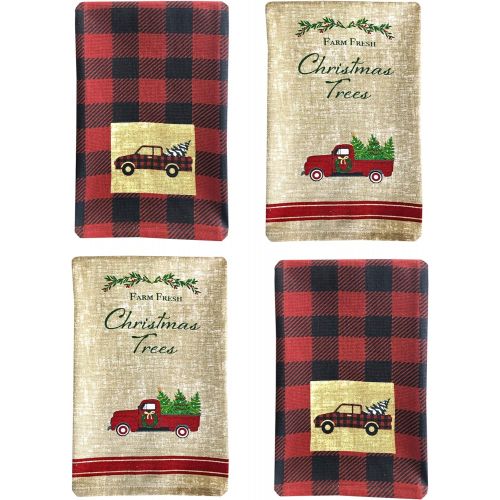  Newbridge Pine Hill Christmas Tree Farm Fabric Holiday Dish Towel Set - Nostalgic Retro Christmas Farm Truck 4 Piece Kitchen Towel Set