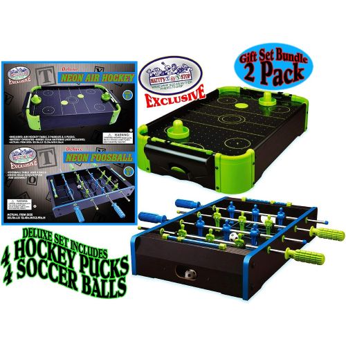  M?ttys Toy Stop Mattys Toy Stop Deluxe Wooden Mini Tabletop NEON Air Hockey (Extra Pucks) & NEON Foosball (Soccer) (Extra Balls) Games Gift Set Bundle - 2 Pack