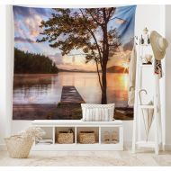 Ambesonne Seascape Tapestry, Shore of Seventh Lake Tree Sunbeam at Sunset Water Reflection Tranquility, Wall Hanging for Bedroom Living Room Dorm Decor, 40 X 60, Brown Peach