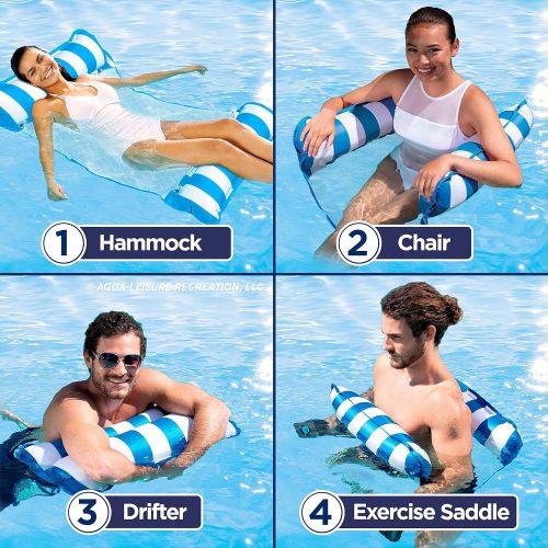  Aqua 4-in-1 Monterey Hammock Inflatable Pool Float, Multi-Purpose Pool Hammock (Saddle, Lounge Chair, Hammock, Drifter) Pool Chair, Portable Water Hammock, Light Blue/White Stripe