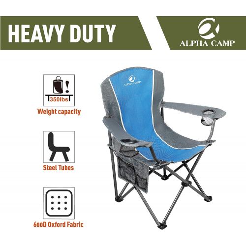  ALPHA CAMP Oversized Camping Folding Chair Heavy Duty Steel Frame Support 350 LBS Collapsible Padded Arm Chair with Cup Holder Quad Lumbar Back Chair Portable for Outdoor/Indoor