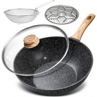 MICHELANGELO Nonstick Wok and Stir Fry Pans with Lid, 5 Quart Nonstick Wok Pan with Lid, Flat Bottom Wok, Nonstick Wok set with Wok Accessories , Frying Basket & Steam Rack, Wok for Induction C