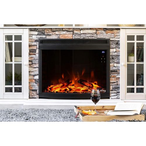  e-Flame USA Edmonton 28-inch Curved LED Electric Fireplace Stove Insert with Remote - 3-D Log and Fire Effect