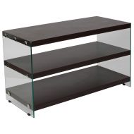 Flash Furniture Wynwood Collection Dark Ash Wood Grain Finish TV Stand with Shelves and Glass Frame