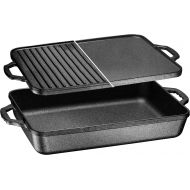Bruntmor 3-In-1 Pre-Seasoned Cast Iron Rectangle Pan With With Reversible Grill Griddle Lid Multi Cooker Deep Roasting Grill Pan, Non-Stick Open Fire Camping, Use As Dutch Oven, Frying Pan