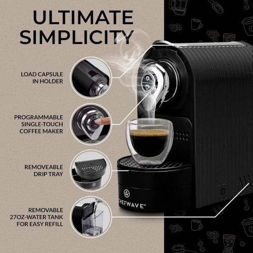  ChefWave Espresso Machine Compatible with Nespresso Capsules (Black) with 20-Count Intenso Dark Roast Coffee Capsules and Capsule Holder Bundle (2 Items)