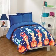 MISC 3 Piece Kids Boys Orange Blue Rocketship Comforter Set Full Sized, Navy Spaceship Bedding Rocket Ship, Childrens Outer Space Themed Stars, Microfiber Polyester