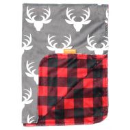 Dear Baby Gear Deluxe Reversible Baby Blankets, Custom Minky Print White Antlers, Red and Black Buffalo Plaid Minky