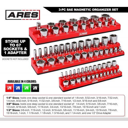  ARES 60035-3-Piece Set SAE Magnetic Socket Organizers - RED -Includes 1/4 in, 3/8 in, 1/2 in Socket Holders - Holds 68 Standard (Shallow) and Deep Sockets - Also Available in GREEN