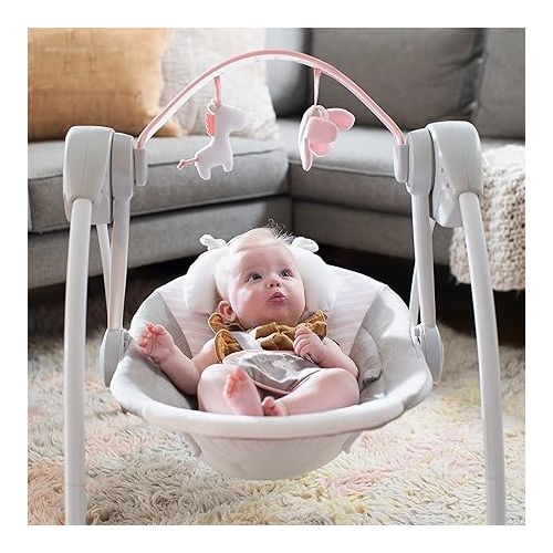 인제뉴어티 Ingenuity Comfort 2 Go Compact Portable 6-Speed Cushioned Baby Swing with Music, Folds Easy, 0-9 Months 6-20 lbs (Pink Flora the Unicorn)