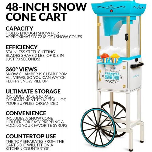  [아마존베스트]Nostalgia Inch Tall Snow Cone Cart, Metal Scoop Makes 48 Icy Treats, Includes Storage Compartment, Wheels For Easy Mobility  White/Blue