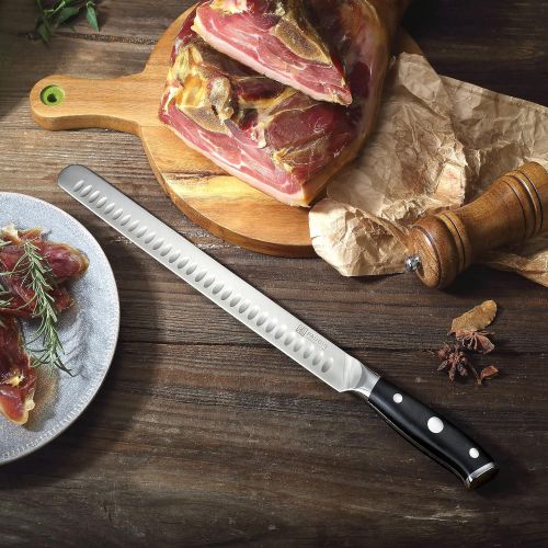 PAUDIN 12 Inch Carving Knife, Premium Slicing Knife with Granton Blade for Cutting Smoked Brisket, BBQ Meat, Turkey - Ergonomic G10 Handle