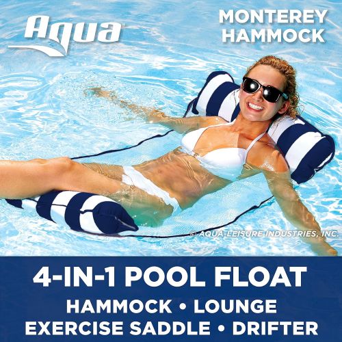 Aqua 4-in-1 Monterey Hammock Inflatable Pool Float, Multi-Purpose Pool Hammock (Saddle, Lounge Chair, Hammock, Drifter) Pool Chair, Portable Water Hammock, Navy/White Stripe