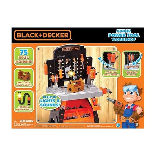  Black+Decker Kids Workbench - Power Tools Workshop - Build Your Own Toy Tool Box - 75 Realistic Toy Tools and Accessories [Amazon Exclusive] 38 x 16.25 x 21 inches