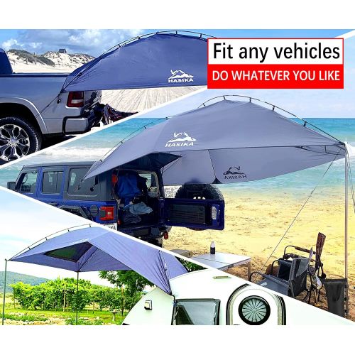  [아마존베스트]Hasika Versatility Teardrop Awning for SUV RVing, Car Camping, Trailer and Overlanding Light Weight Truck Canopy Durable Tear Resistant Tarp with 2 Sandbag